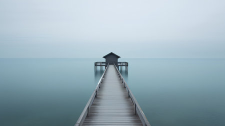 3d render of jetty on a calm sea with blue skyの素材