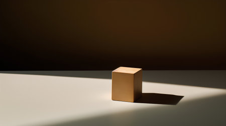 Wooden cube with shadow on the floor. 3D illustration.の素材