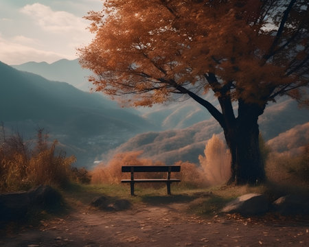 Autumn landscape with a bench in the middle of the forest.の素材