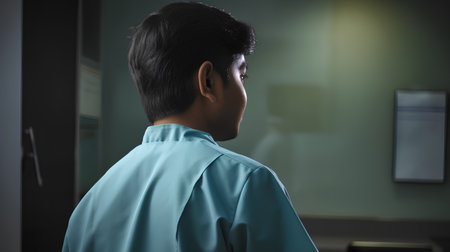 Rear view of a young man looking at the hospital corridor.の素材