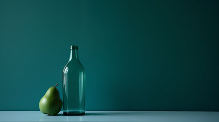 Green glass bottle and pear on a blue background. 3d renderingの素材