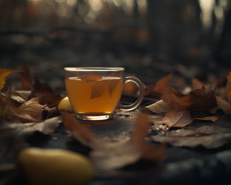 Cup of tea with autumn leaves on the background of the forestの素材