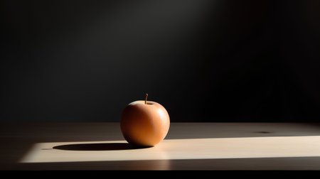 A single apple on a wooden table, with a dark background.の素材