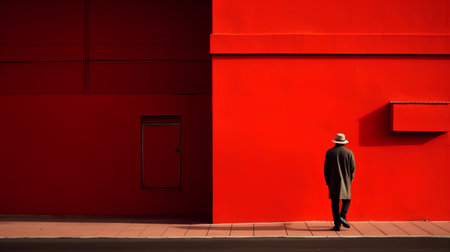Woman in a coat and hat on the background of a red wallの素材
