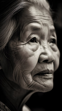 Portrait of an elderly Asian woman. Black and white photo.の素材