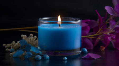 Blue candle with orchid flowers on a black background. Close up.の素材