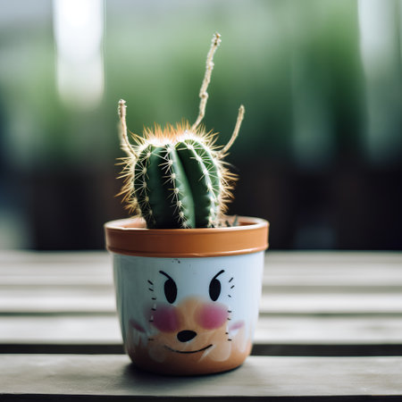 Cactus in a pot with smiley face on blurred background.の素材