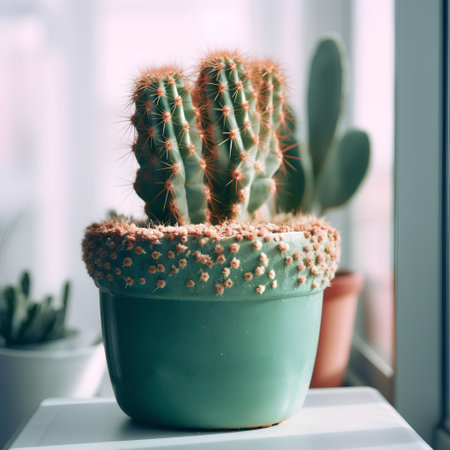 Cactus in a pot on the windowsill. Selective focus.の素材