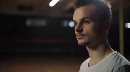 Portrait of a young man in a sports hall. Men's beauty, fashion.の素材