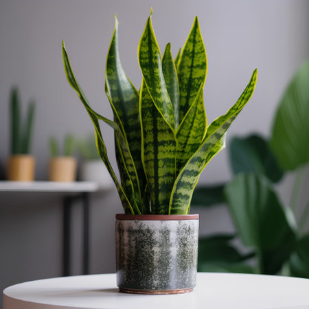 Sansevieria plant in pot on table. Houseplant conceptの素材