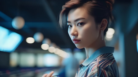 Portrait of beautiful asian woman in shopping mall at night.の素材