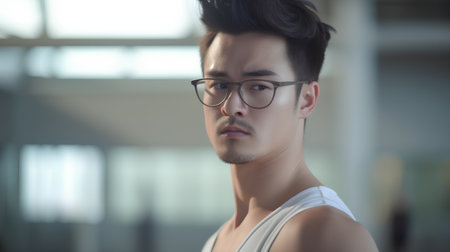 Portrait of handsome asian man in white tank top and glassesの素材