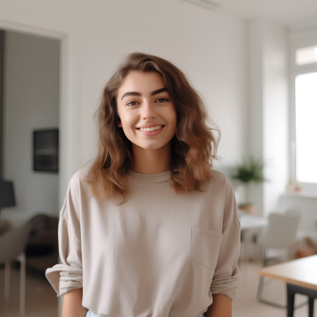 Portrait of a smiling beautiful young woman in casual clothes standing indoors.の素材