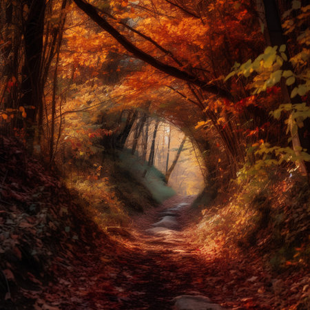 Beautiful autumn forest with a path in the middle of the forestの素材