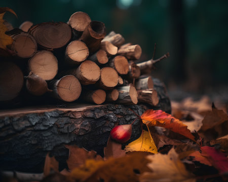 Pile of firewood in the autumn forest. Natural background.の素材