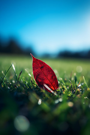 Red leaf on green grass with bokeh background - vintage filterの素材
