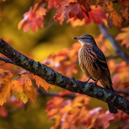 Sparrow sitting on a branch of a tree with colorful autumn leavesの素材
