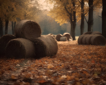 Autumn landscape with hay bales in the forest. Vintage style.の素材