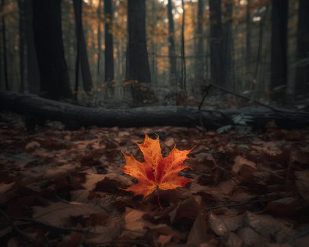 Autumn maple leaf in the forest. Nature background with copy spaceの素材