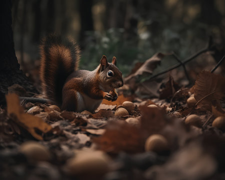 Squirrel eating acorn in autumn forest. Animal in nature.の素材