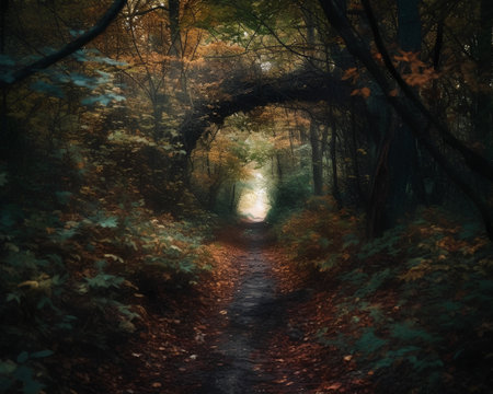 Mysterious dark tunnel in autumn forest with bright sunbeamsの素材