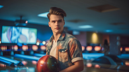 Portrait of a young handsome man in casual clothes playing bowling.の素材