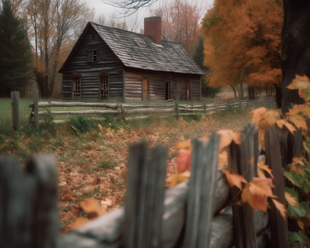 Old wooden house in the fall. Vintage style toned image.の素材