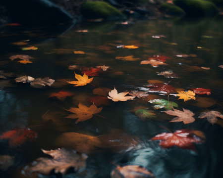Autumn leaves on the water in the forest, shallow depth of fieldの素材