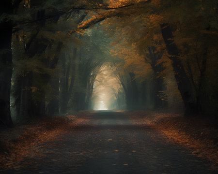Dark alley in the autumn forest with yellow leaves. 3d renderingの素材