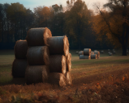 Bales of hay on the field at sunset. Autumn landscape.の素材