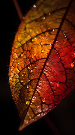 Close up of a red leaf with water droplets on it.の素材