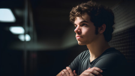 Portrait of a handsome young man with curly hair in a dark roomの素材