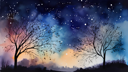 Winter landscape. Watercolor painting. Silhouettes of trees and falling snow.の素材