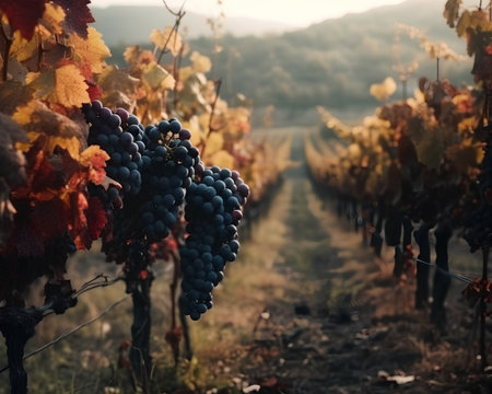 Ripe grapes on vineyard in autumn, Bordeaux region, Franceの素材