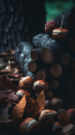 Pile of firewood in autumn forest. Selective focus. Toned.の素材
