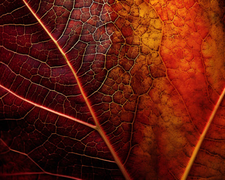 closeup of autumn red leaf texture - abstract graphic background with copy spaceの素材