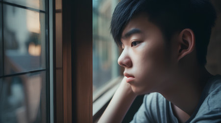 Asian young man looking out the window in the morning, vintage toneの素材