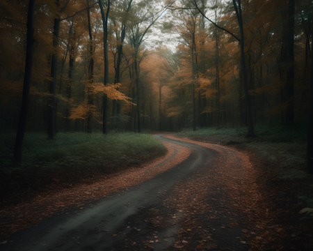 Autumn landscape with road in the forest, retro vintage style.の素材