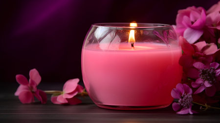 Aromatherapy candle with pink flowers on a dark background.の素材