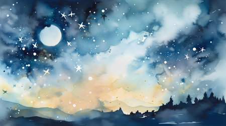 Watercolor illustration of a winter landscape with mountains, clouds, the moon and stars.の素材