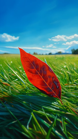 Red leaf on green grass with blue sky and white clouds background.の素材