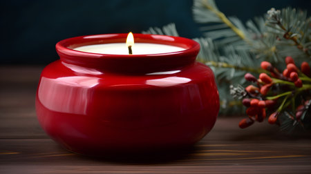 Christmas candle in a red ceramic candlestick on a wooden backgroundの素材