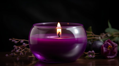 Burning purple candle in a glass vase with flowers on a black backgroundの素材