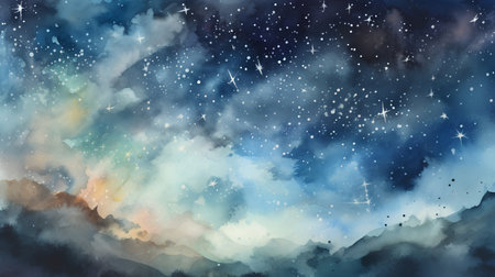 Abstract watercolor background with stars and clouds. Hand-drawn illustration.の素材
