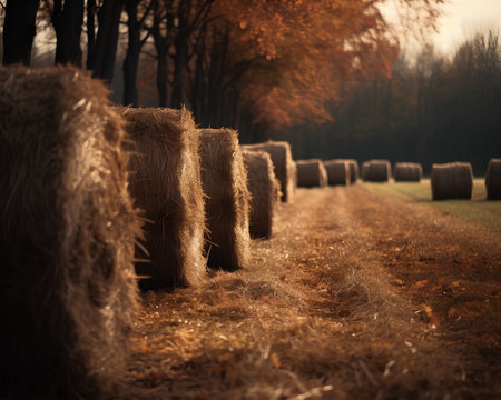 Hay bales on the field with trees in the background. Autumnの素材