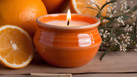 Candle with orange and lemon on a wooden background. Close up.の素材