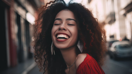 Portrait of beautiful young woman with afro hairstyle in red dress.の素材