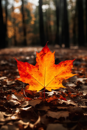Autumn maple leaf in the forest. Autumn background. Fall conceptの素材