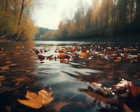 Autumn landscape. Fallen leaves on the surface of the river.の素材