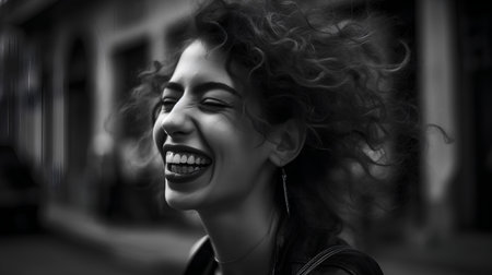 Beautiful young woman with curly hair in the city. Black and white.の素材